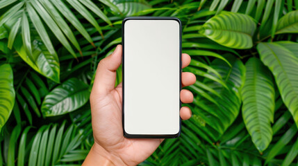 A hand grasps a smartphone with a blank screen in an outdoor space, highlighting modern tech in everyday life.