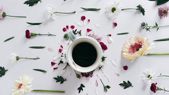 cup of black coffee, black coffee floral decor, coffee surrounded by flowers, floral coffee arrangement, elegant coffee display, stylish floral setup, charming coffee and flowers, modern coffee presen