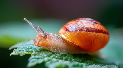 A brown snail gracefully navigates a lush green leaf, set against a soft and blurred natural backdrop.