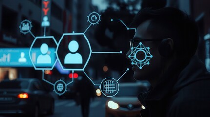 Man with connected tech graphics overlay in urban setting.