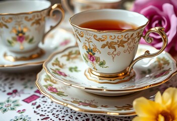 Intricate details of antique teacups and saucers, high-resolution close-up, antique, vintage