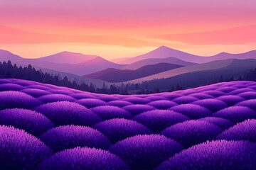 Tranquil Lavender Field Landscape at Sunset with Vibrant Purple Horizon and Mountains in Rural Scenery