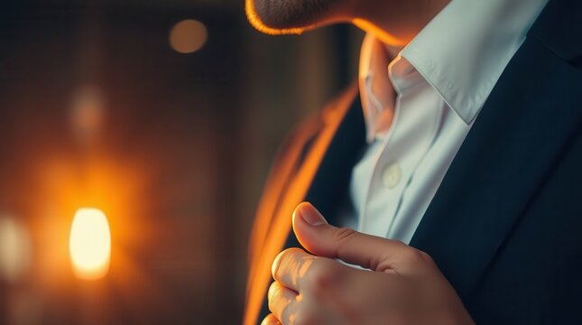 Man in suit adjusting jacket in warm light.