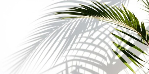 Fototapeta premium Intricate palm leaf shadow on bright white wall, summery backdrop, tropical leaves, summer