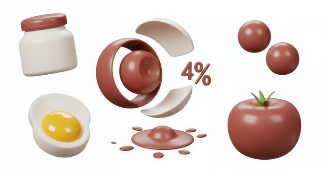 3D Rendered Food Items: Egg, Tomatoes, and Brown Substance with 4% Percentage