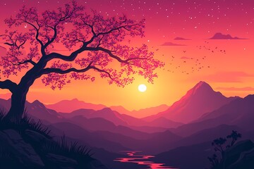 Sunset Over Mountains Landscape. Vibrant Digital Art Illustration of Serene Nature Scenery with Peaceful River and Silhouetted Trees