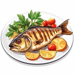 Gourmet Grilled Fish Dish with Lemon Parsley and Tomatoes. A Delicious Seafood Presentation for Health-Conscious Fish Lovers
