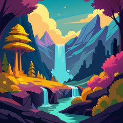 Vibrant colorful waterfall scene vector illustration background for print and digital use