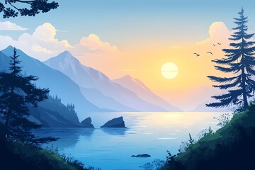 Beautiful Sunset Over River. Captivating Landscape Illustration Featuring Mountains and Vibrant Colors