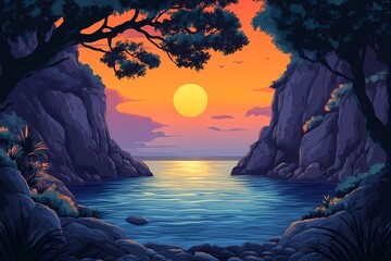 Tropical Sunset over Serene Ocean Bay. Vibrant Sunset Reflection in Nature Illustration Artwork