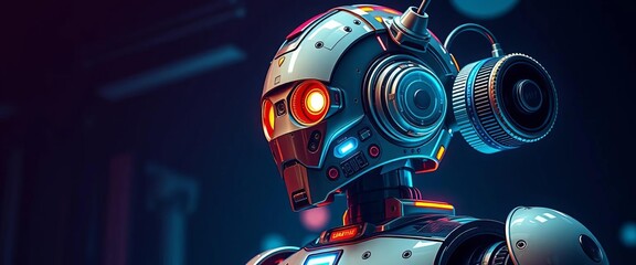 Retro-futuristic robot with vintage aesthetic details, showcasing technological integration, futuristic, classic