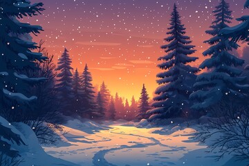 Winter Wonderland Scenic Landscape. Vibrant Snowy Forest at Sunset