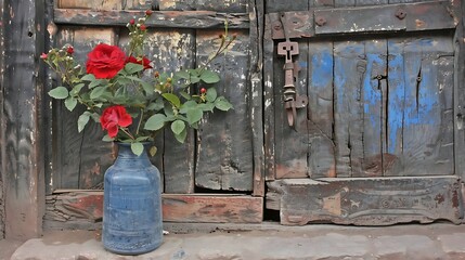 Rustic wooden door with red roses bouquet in vase creates antique charm