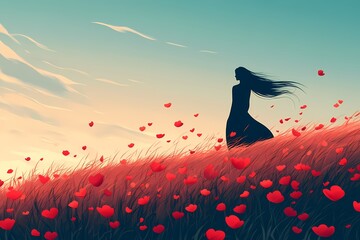Flowing Hair Woman in a Poppy Field at Sunset. Captured Moment of Dreamy Solitude and Freedom in Vibrant Nature Scene