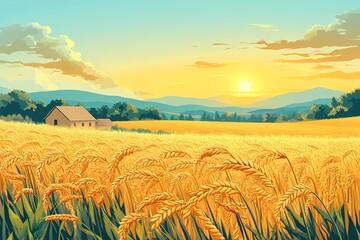 Sunset Over a Golden Wheat Field Landscape. Tranquil Countryside and Majestic Mountains in the Summer Season