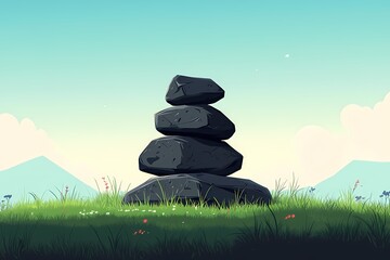 Serene Stone Stack in Natural Landscape. A Digital Illustration of Zen, Mindfulness, and Harmony