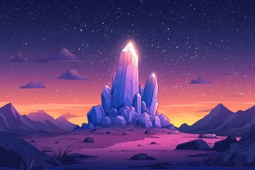 Magical Nighttime Gemstone Landscape. Vibrant Crystal Desert with Enchanting Sky and Dreamy Mountain Scenery