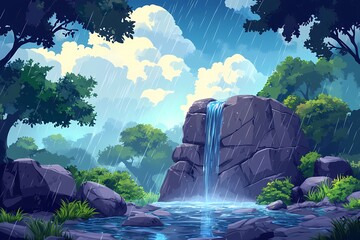 Tranquil Waterfall in a Tropical Forest. A Vibrant Nature Scene