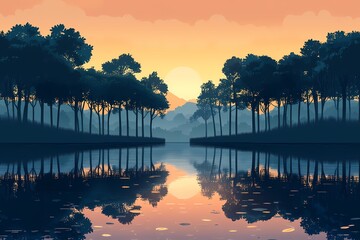 Sunset Reflections. Tranquil Nature Landscape Illustration with Vibrant Colors and Silhouetted Trees