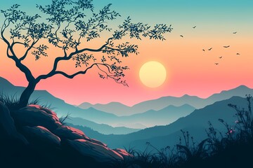 Breathtaking Silhouette of a Tree Against a Vibrant Sunset Sky with Mountain Range in Tranquil Nature Landscape. A Scenic View for Peaceful Meditation and Adventure