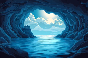 Mysterious Cave and Ocean Horizon. Tranquil Coastal Landscape with Water Reflections and Mystical Light