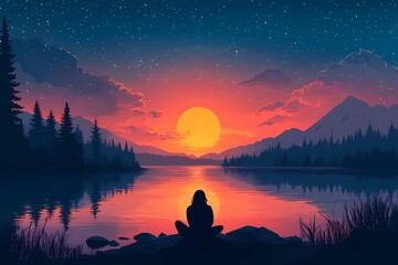Tranquil Sunset Meditation. Nature's Serenity Reflected on a Calm Lake with Mountain Silhouettes and Vibrant Evening Sky