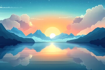 Vibrant Sunset Over Serene Mountain Landscape. Digital Art with Stunning Water Reflections