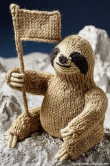 Fototapeta premium Knit Sloth Holding a Flag on a Mountaintop