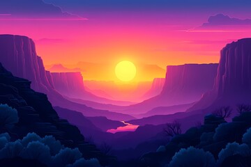 Epic Sunset Glow Over Canyon Valley. A Digital Art Landscape of Vibrant Warm Colors
