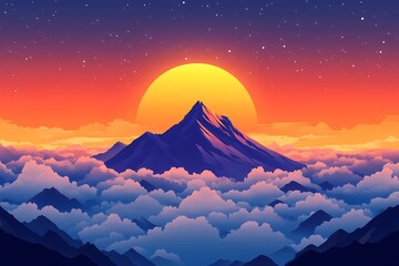 Majestic Mountain Sunset. Vibrant Digital Art Landscape Featuring Serene Nature Scenery and Twilight Colors