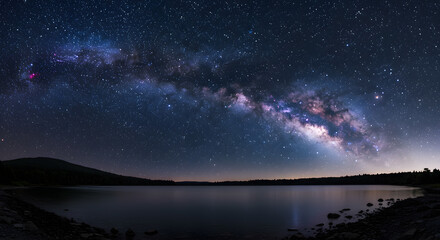 Fototapeta premium Milky Way Galaxy Over a Calm Lake at Night with Starry Sky