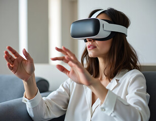 Mujer ejecutiva utiliza moderna tecnología de realidad virtual en ambiente de trabajo y oficina.