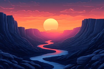 Vibrant Canyon Sunset. Panoramic Mountain Views with Dramatic Sky and Riverbend Reflection