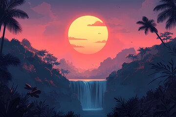 Epic Tropical Sunset Over Waterfall with Vibrant Colors and Palms - A Tranquil Scenic Landscape Illustration