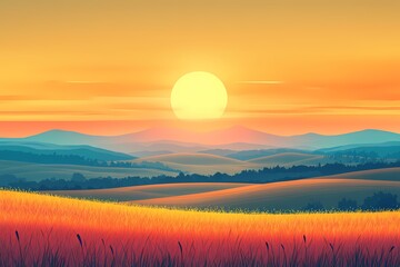 Serene Sunset Landscape. Vibrant Fields and Meadows in Scenic Rural Horizon