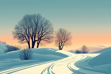 Beautiful Snowy Winter Landscape at Dusk with Serene Pastel Sky and Peaceful Trees - Tranquil Nature Background