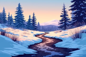 Winter Landscape Snowy Trees by a Serene River. Breathtaking Posterior Sunrise over Frosty Mountains