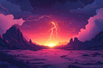 Dramatic Sunset Landscape with Lightning Over Vibrant Mountains and Colorful Sky - Epic Outdoor Adventure and Tranquil Wilderness Scenery