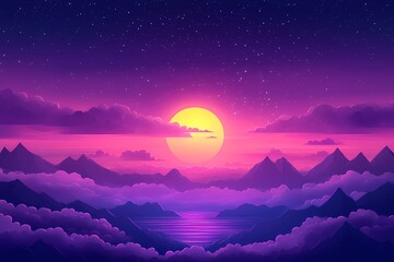 Vibrant Digital Art of Sunset Landscape with Majestic Mountains and Starry Sky