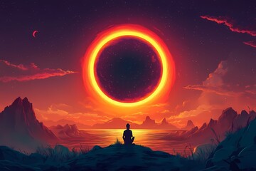 Captivating Sunset Meditation. Serene Solar Eclipse Over Mystical Mountains and Lake Landscape - Digital Art with Vibrant Colors