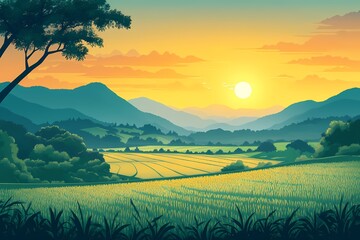 Picturesque Sunset over Tranquil Mountain Fields. A Scenic Landscape of Nature's Vibrant Colors and Serenity