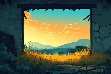 Tranquil Rural Landscape Illustration. Vibrant Sunset Over Countryside Horizon Artistic Escape into Nature's Beautiful Scenery