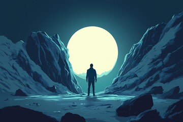 Moonlit Mountain Silhouettes. Fantasy Nightscapes and Celestial Solitude in Surreal Digital Art