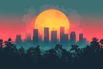 Vibrant Cityscape Illustration. Digital Art of a Dreamy Sunset Glow and Urban Skyline