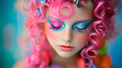 Obraz premium Fantasy Girl Portrait Vibrant Pink Hair Makeup