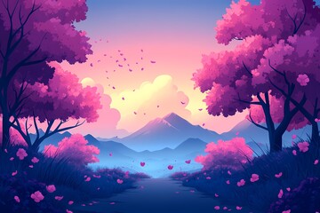 Explore Colorful Dreamy Wilderness in a Vibrant Fantasy Landscape - Digital Art with Nature's Sunset Harmony