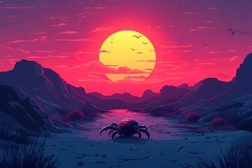 Colorful Sunset Crab at the Shore. Serene Vector Illustration of Nature and Mountains in Vibrant Moonlight Dusk Landscape