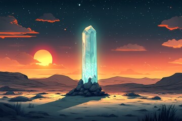 Mystical Desert Landscape. Starry Sky Over Geometric Structure in Epic Sci-Fi Illustration