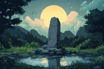 Mystical Moonlit Landscape. Luminous Stone Reflections in Serene Forest and Jagged Mountain Water