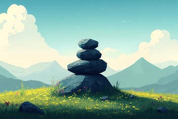 Scenic Landscape with Vibrant Greenery and Peaceful Mountain View. Nature, Rocks, and Sky Illustration